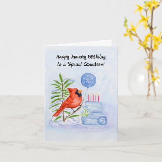 Grandson Happy January Birthday Cardinal Cake カード (黄色い花)