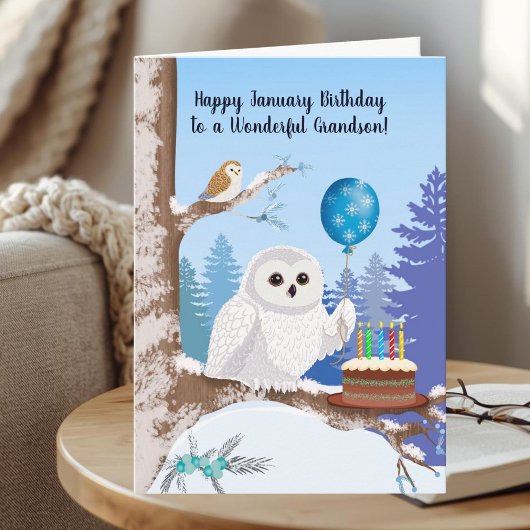 Grandson Happy January Birthday Snowy Owl カード