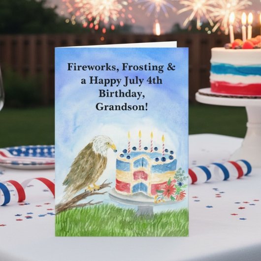 Grandson July 4th Birthday Bald Eagle &  Cake  カード