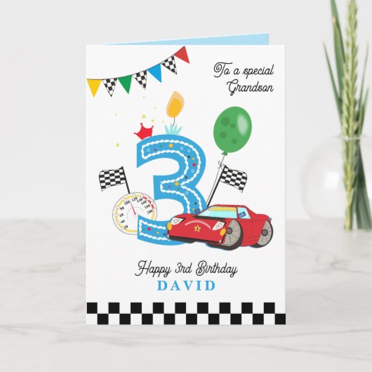 Grandson's 3rd Birthday Racing Car Greeting カード (正面)