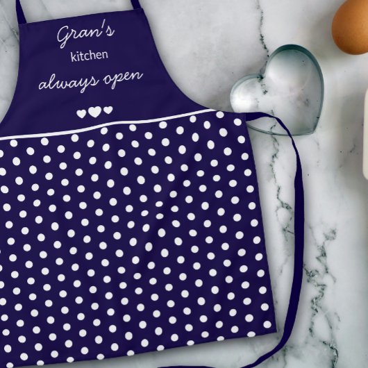 Gran's Kitchen Always Open Navy Blue And White Dot エプロン