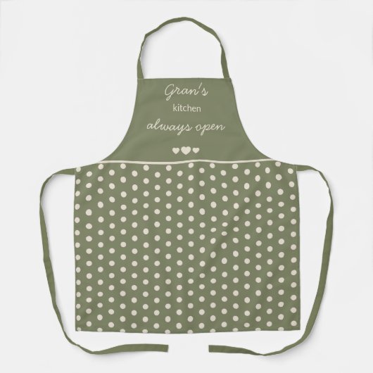 Gran's Kitchen Always Open Olive Green Polka Dot エプロン (正面)