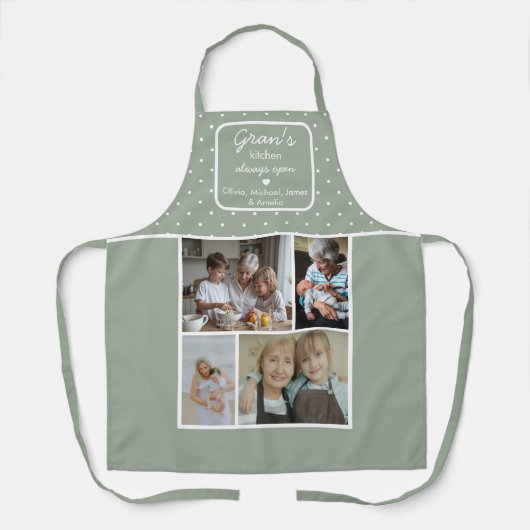 Gran's Kitchen Always Open Sage Green Dots Photo エプロン (正面)
