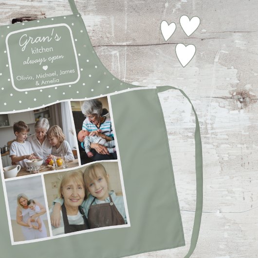 Gran's Kitchen Always Open Sage Green Dots Photo エプロン