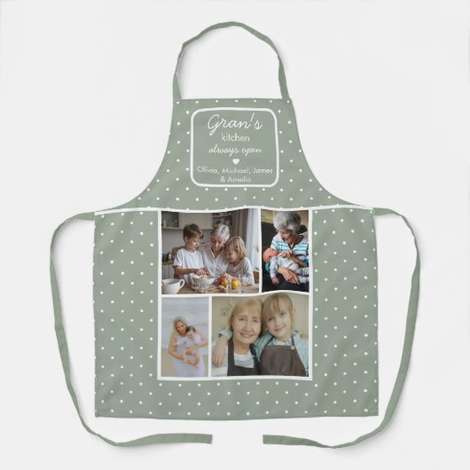 Gran's Kitchen Always Open Sage Green Dots Photo エプロン (正面)