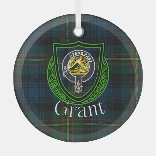 Grant Scottish Clan Tartan & Crest ガラスオーナメント (正面)