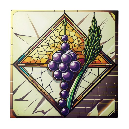 Grapes and Wheat Stained Glass Ceramic Tile タイル (正面)