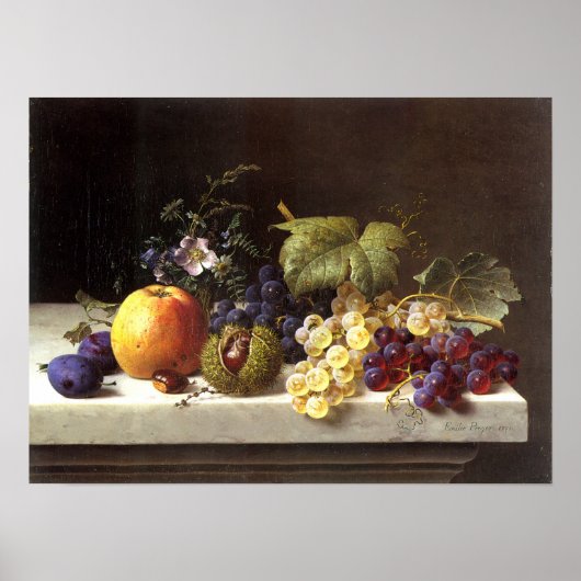 Grapes Plums Etc. On A Marble Ledge ポスター (正面)