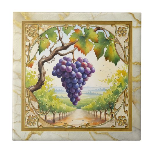 Grapes Vineyard Gold Ceramic Tile タイル (正面)