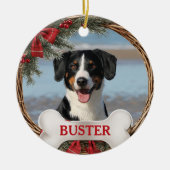 Grapevine Christmas Wreath Dog Photo Tree Ornament セラミックオーナメント (正面)