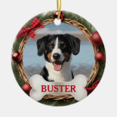 Grapevine Christmas Wreath Dog Photo Tree Ornament セラミックオーナメント (正面)