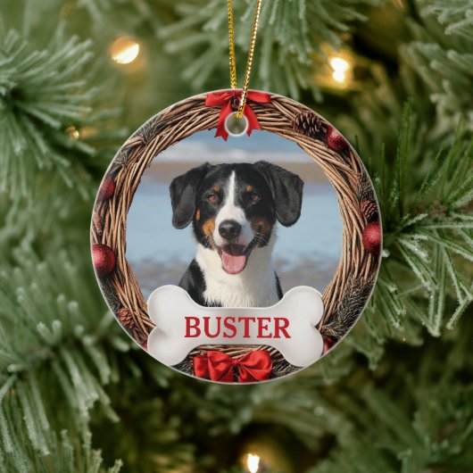 Grapevine Christmas Wreath Dog Photo Tree Ornament セラミックオーナメント (ツリー)