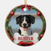 Grapevine Wreath Dog Photo Christmas Tree Ornament セラミックオーナメント (正面)