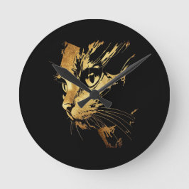 Graphique Élégant Chat Noir et Or Texturé ラウンド壁時計