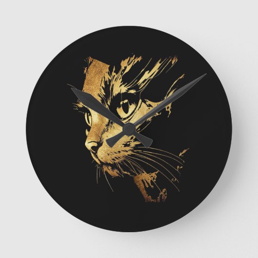 Graphique Élégant Chat Noir et Or Texturé ラウンド壁時計 (正面)