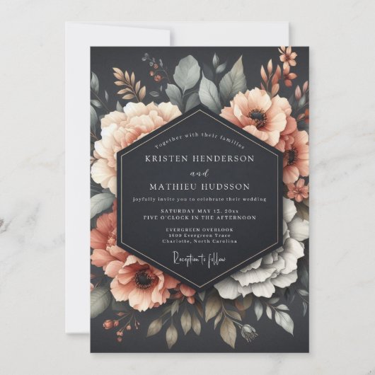 Graphite Coral Somber Flora Wedding 招待状 (正面)