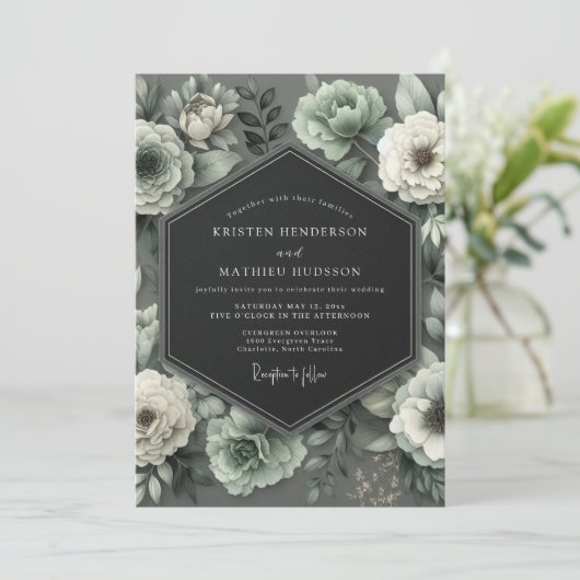 Graphite Mint Bloom Wedding 招待状 (スタンド正面)