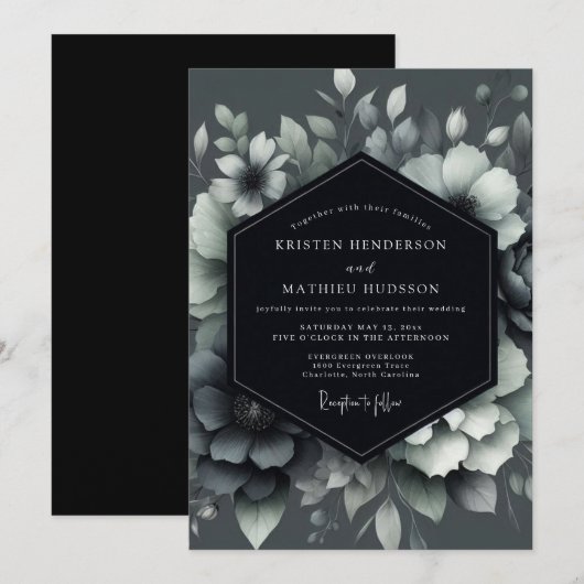 Graphite Shadowy Bloom Wedding 招待状 (正面/裏面)