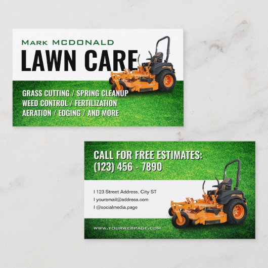 Grass cover and mower lawn care Business Card 名刺 (正面/裏面)