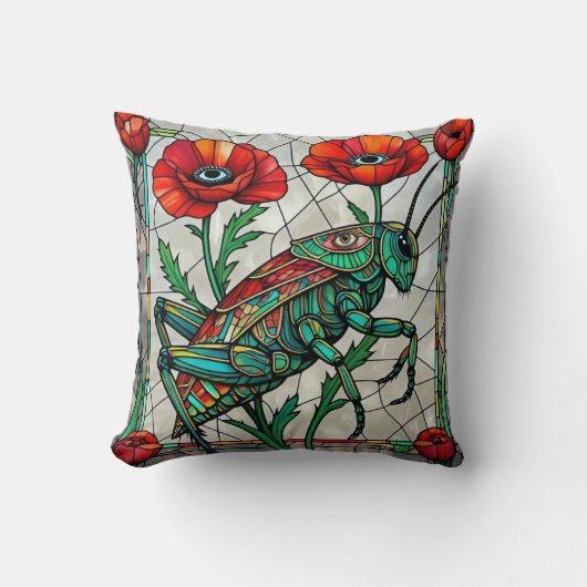 Grasshopper cricket stained glass poppy flower eye クッション (正面)