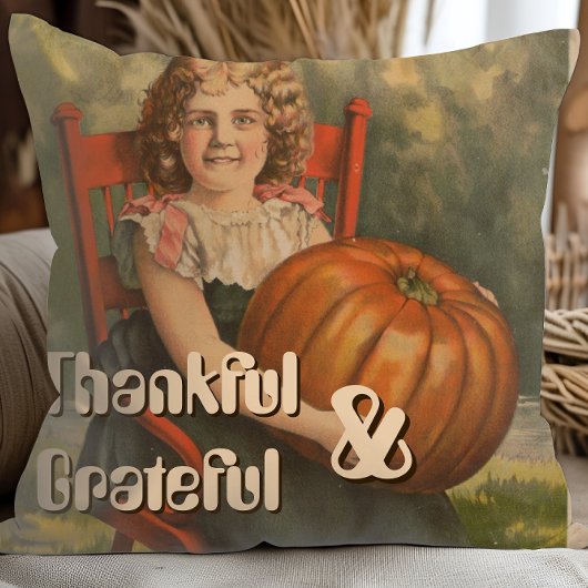 Grateful and thankful  | Vintage Girl with Pumpkin クッション
