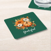Grateful Autumn Floral Pumpkin Green Square スクエアペーパーコースター (アングル)