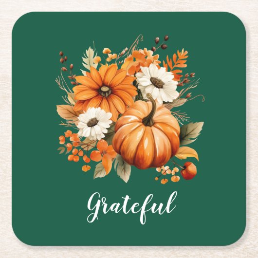 Grateful Autumn Floral Pumpkin Green Square スクエアペーパーコースター (正面)