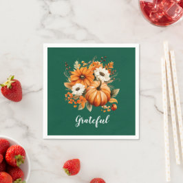 Grateful Autumn Floral Pumpkin Green Square スタンダードカクテルナプキン