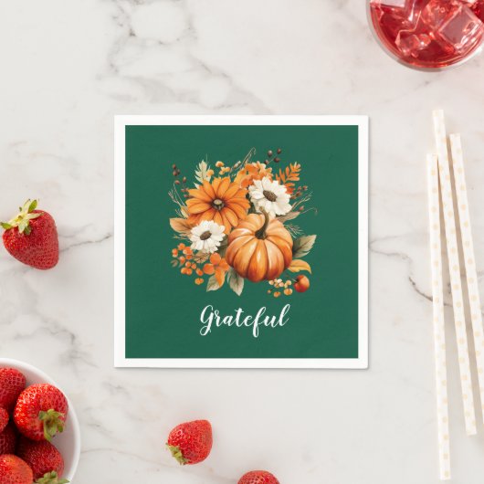 Grateful Autumn Floral Pumpkin Green Square スタンダードカクテルナプキン (インサイチュ)