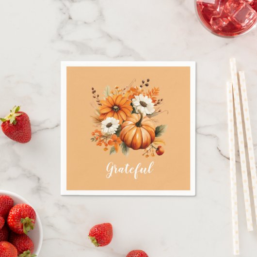 Grateful Autumn Floral Pumpkin Orange Square スタンダードカクテルナプキン (インサイチュ)