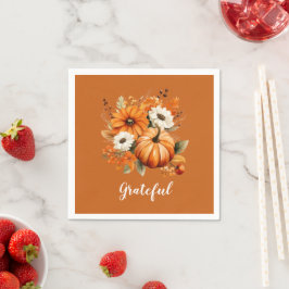 Grateful Autumn Floral Pumpkin Red Square スタンダードカクテルナプキン
