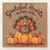 Grateful Hearts Thanksgiving Turkey ガラスコースター (正面)