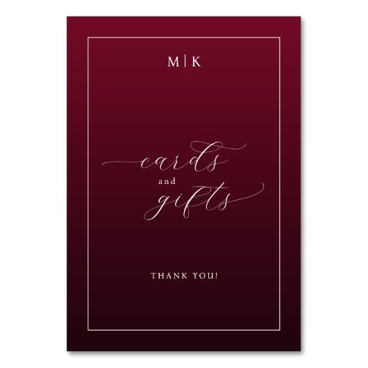 Grateful Maroon Cursive Cards and Gifts Sign テーブルナンバー (正面)