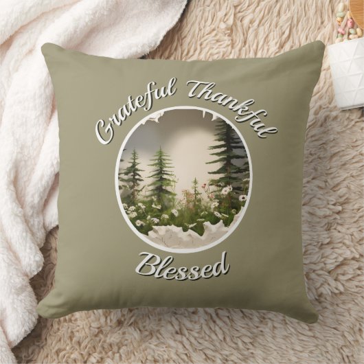 "Grateful, Thankful, Blessed" Accent Throw Pillow クッション (ブランケット)