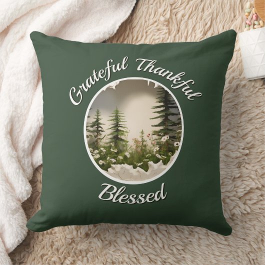 "Grateful, Thankful, Blessed" Dark Green  クッション (ブランケット)