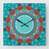 Gratitude Aqua Teal Mandala Customizable Quote スクエア壁時計 (正面)