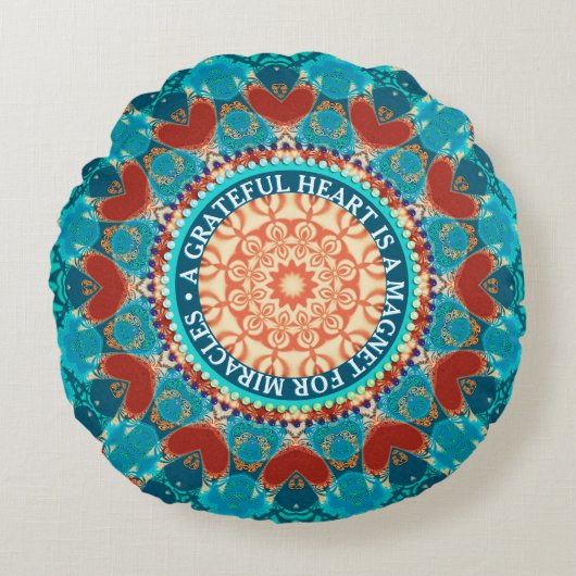 Gratitude Aqua Teal Mandala Customizable Quote ラウンドクッション (正面)