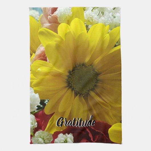 Gratitude Floral Yellow Daisy Photo キッチンタオル (縦)