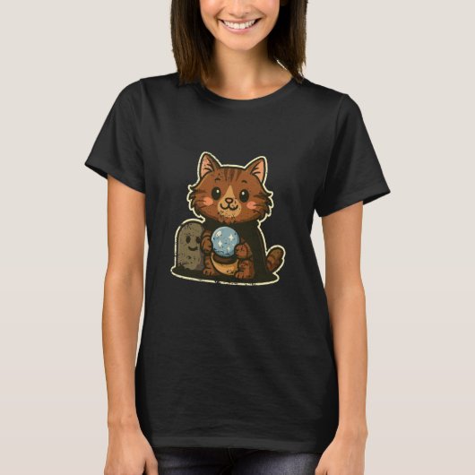 Gravestone作の水晶玉を持つ猫 Tシャツ (正面)