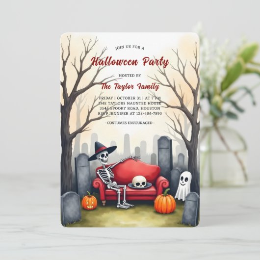 Graveyard Skeleton Ghost Costume Halloween Party 招待状 (スタンド正面)