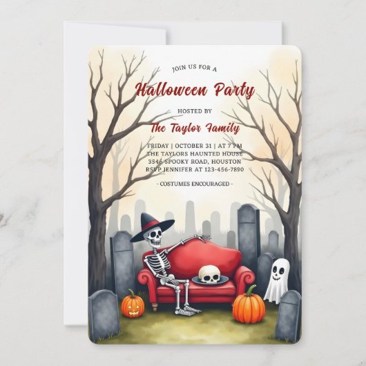 Graveyard Skeleton Ghost Costume Halloween Party 招待状 (正面)
