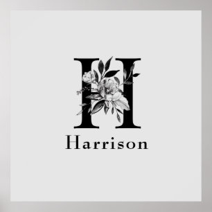 Gray and Black Floral Monogram Letter H Custom ポスター