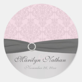 Gray and Pink Damask 1.5" Round Sticker ラウンドシール