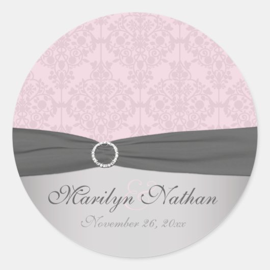 Gray and Pink Damask 1.5" Round Sticker ラウンドシール (正面)