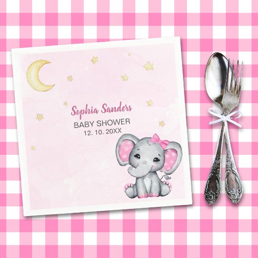 Gray and Pink Elephant Baby Shower Girl スタンダードカクテルナプキン