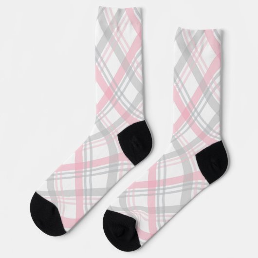 Gray and Pink Plaid Crew Socks ソックス (左)
