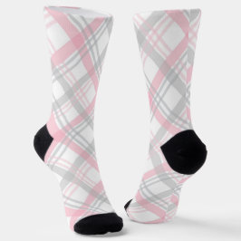 Gray and Pink Plaid Crew Socks ソックス