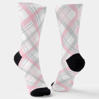 Gray and Pink Plaid Crew Socks ソックス