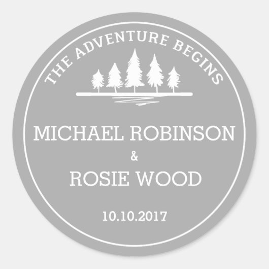 Gray and white adventure wedding sticker ラウンドシール (正面)