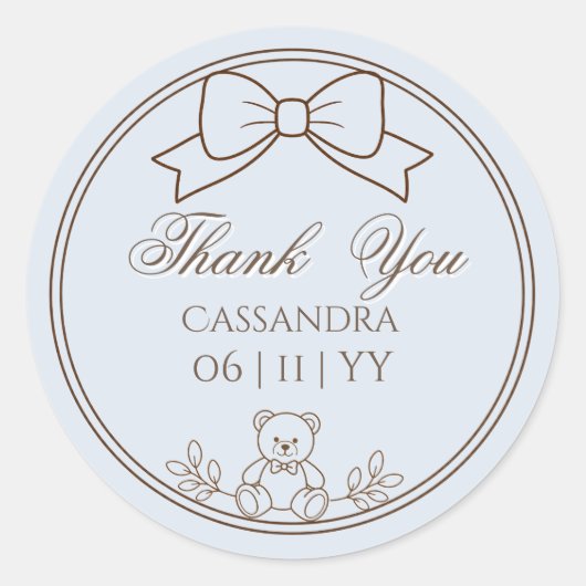 Gray Blue Personalized Teddy Bear Bow ラウンドシール (正面)